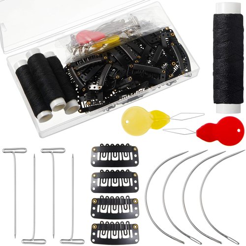 85 Pieces Hair Extensions Clip Wig Making Set, Includes 50 U-Shape Snap Clips, 10 Curved Needles, 20 T-Pins, 3 Rolls Weaving Thread, 2 Needle Threader for Wig Making Hair Extensions