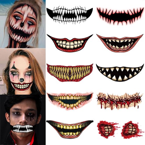 10 PCS Halloween Temporary Tattoo Stickers, Prank Makeup Clown Vampire Horror Mouth Fake Tattoo Stickers, Scary Big Mouth Face Tattoos Decals Kits Prank Props, Halloween Cosplay Party DIY Decorations