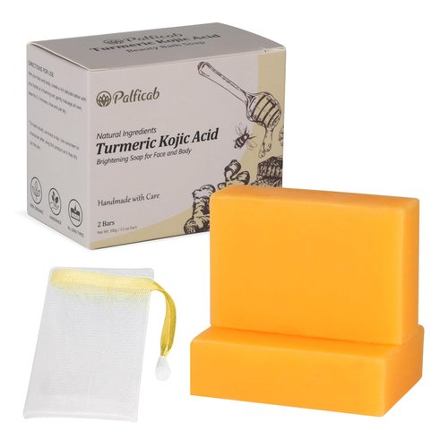 PALFICAB Kojic Acid Soap, Turmeric Soap for Women Men with Shea Butter, Coconut Oil & Vitamin C, Turmeric Honey Soap Bar for Face & Body Cleansing, Stocking Stuffers for Adults Women, 2 Bars