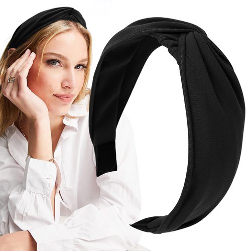 WOVOWOVO Top Knotted Headbands for Women Girls, Twist Wide Head Bands Yoga Non Slip Fashion Elastic Hairbands for Women's Hair Accessories (Black)