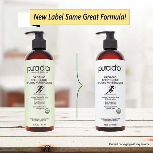 PURA D'OR 16 Oz Organic Deep Tissue Sports Massage Oil for Toned Sore Muscles - Jojoba Oil, Sunflower Oil, Almond Oil, Grapefruit Oil & Eucalyptus Oil - Alleviate Muscle Soreness