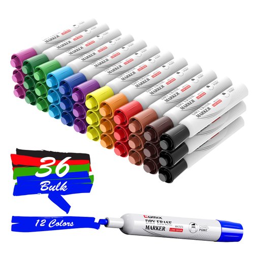 Comix Dry Erase Markers, Chisel Tip White Board Markers, 36 Count 12 Assorted Colors Low Odor Markers for Kids Teachers Office & School Supplies