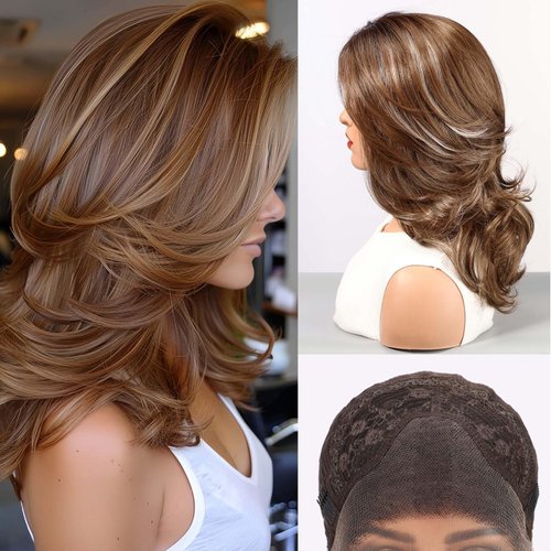 starluck Wig for Women Lace Front Wigs Synthetic Wigs for Women 18-Inch Shoulder Length Layered Natural Wavy Wig Brown with Highlight