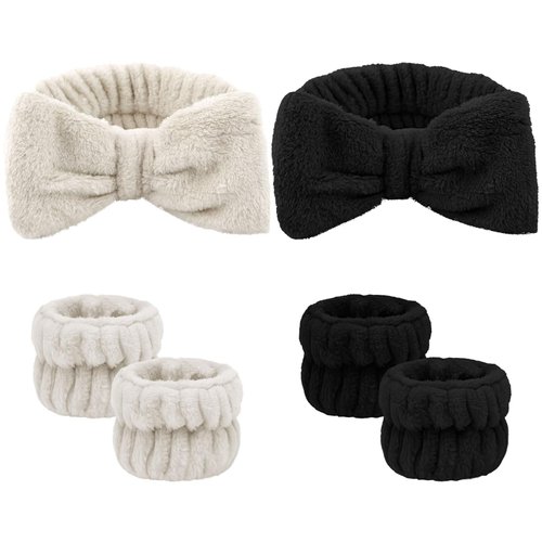 ACO-UINT 6Pcs Spa Headbands and Wrist Washbands Set, Headbands for Washing Face Towel Wristbands Make Up Headbands, Skincare Headbands Absorbent Wrist Sweatband (Black and Khaki)