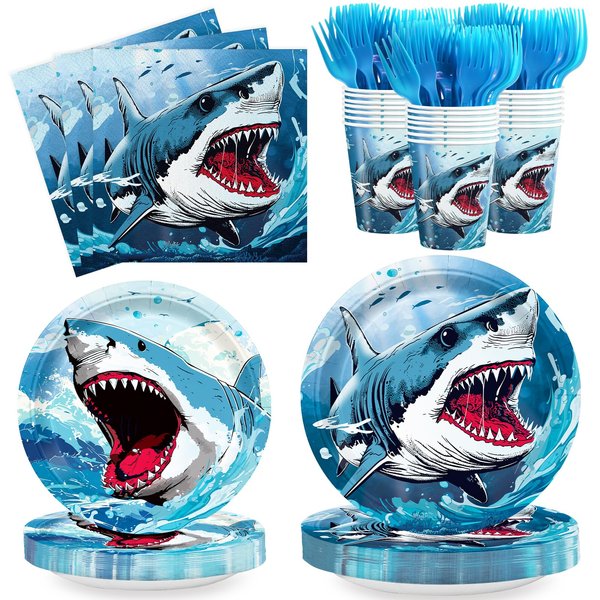 JVORFDG 120pcs Shark Party Plates Napkins Shark Birthday Party Supplies Disposable Shark Paper Cup Tableware Blue Forks Boy‘s Under the Sea Birthday Party Supplies Severs 24 Guests