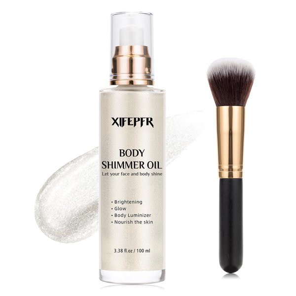 XIFEPFR Body Shimmer Oil, Pearl White Face Brighten Glow Body Luminizer Highlighter Liquid Illuminator with Makeup Brush, Long Lasting Moisturizing Body Glitter Oil for Makeup (3.38 Fl Oz/#01)