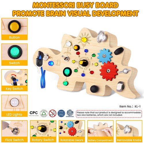 MindPal Busy Board, Montessori Toys for 3 Year Old, Baby Sensory Toys for Toddlers with 12 LED Light,Wooden Toddler Busy Board Baby & Toddler Toys for Learning Activity, Light Switch Toys for Toddlers