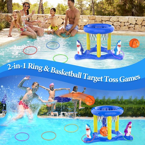 Dokeawo 2-in-1 Pool Toys Games Set, Inflatable Floating Shark Pool Basketball Hoop & Ring Toss Pool Toys for Kids Ages 8-12, Teens, Adults, Family Summer Outdoor Swimming Party Pool Games