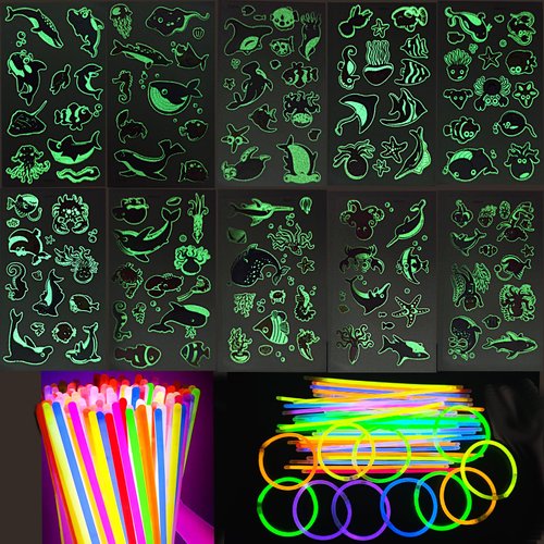 10 Sheets Glow in The Dark Ocean Creatures Fake Tattoos UV Neon Luminous Temporary Tattoo Marine Animal Dolphin Fish Stickers 50pcs Colorful Glowsticks for Ocean Party Decor Supplies