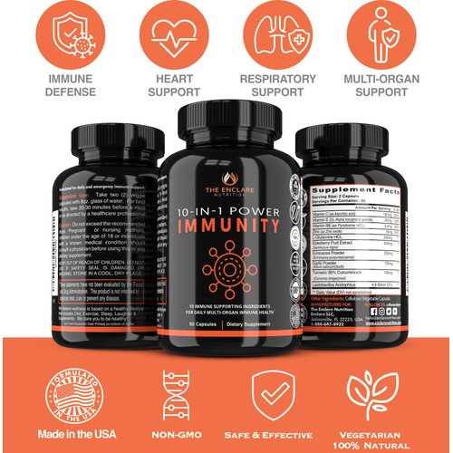 THE ENCLARE NUTRITION 10 in 1 Immune Support Booster Supplement with Echinacea, Vitamin C and Zinc, Turmeric, Ginger, B6, Elderberry for Adults Immunity Defense Vitamins, Made in USA Veg Cap 60 Ct (1)