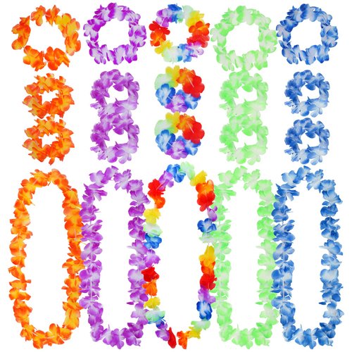 SUMERSHA 5 Set 20pcs Hawaiian Leis Elastic Flowers Necklaces, Headbands and Wristbands Tropical Luau Party Decorations Supplies Birthday Beach Party Favors, 5 Colors