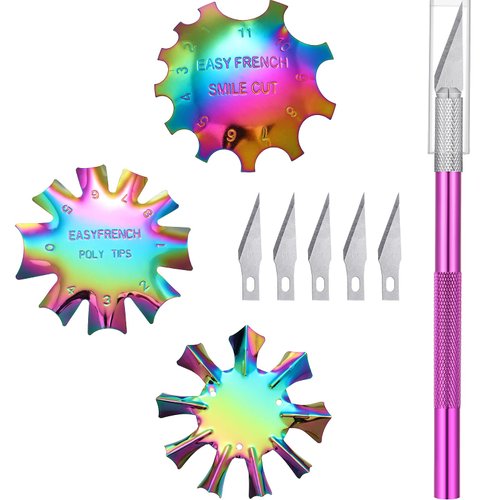 3 Pieces French Nail Trimmer Smile Line Cutter Edge Trimmer Stainless Steel French Tip Cutters Manicure DIY Plate Module with Handles French Tip Cutting Knife 5 Spare Blades for Nail (Rainbow Color)