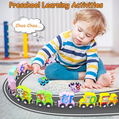 Humerry Train Set for Toddlers 2-4, Wooden Animal Magnetic Train Toy, 11 PCS Number Trains Learning Activities for Kids, Birthday Gifts for Boys, Girls