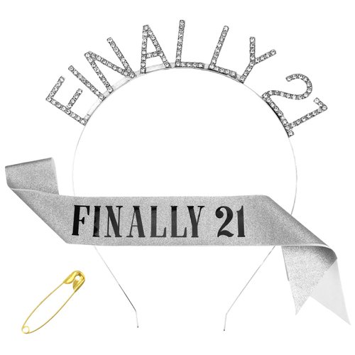 Xthrotsenk 21st Birthday Sash and Rhinestone Headband Set Silver Birthday Crown FINALLY 21 Birthday Gifts 21st Birthday Decorations for Women and Girls