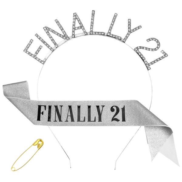Xthrotsenk 21st Birthday Sash and Rhinestone Headband Set Silver Birthday Crown FINALLY 21 Birthday Gifts 21st Birthday Decorations for Women and Girls
