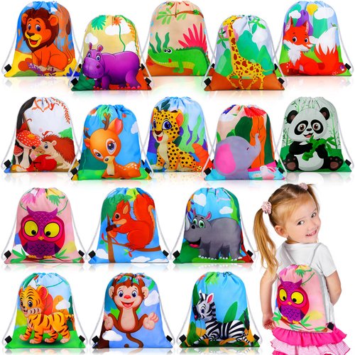 Gerrii 32 Pieces Jungle Animal Drawstring Bags Cartoon Animal Safari Goodie Bags Safari Party Favors for Boy Girl Birthday Baby Shower