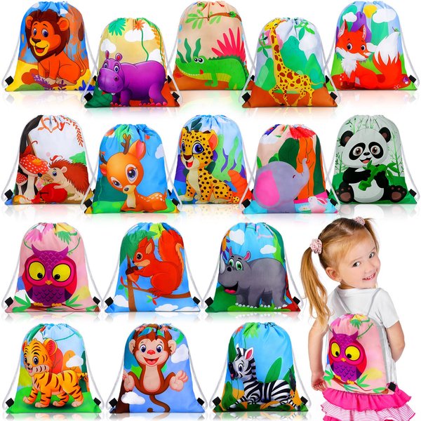 Gerrii 32 Pieces Jungle Animal Drawstring Bags Cartoon Animal Safari Goodie Bags Safari Party Favors for Boy Girl Birthday Baby Shower