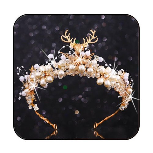 Brishow Antler Christmas Crown Gold Pearl Bridal Tiara Sparkly Fairy Headpiece for Women