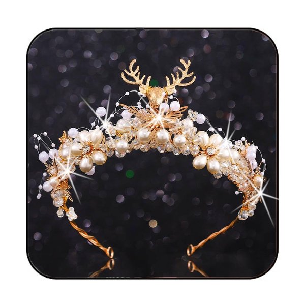 Brishow Antler Christmas Crown Gold Pearl Bridal Tiara Sparkly Fairy Headpiece for Women