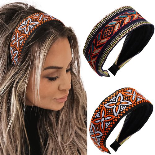 Sinalty Boho Wide Headbands Embroidery Hairbands Ethnic Turban Head Band African Printed Hair Band for Women Pack of 2 (Vintage)