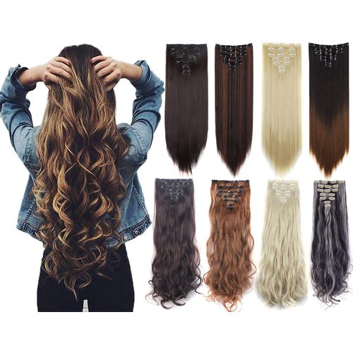Lelinta 7Pcs 23" Thick Straight Full Head Clip in on Double Weft Hair Extensions Black To Wine Red