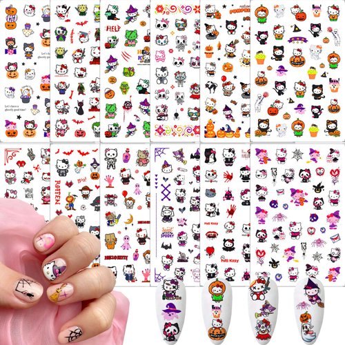 Halloween Nail Stickers -12 Sheets Horror Cat Nail Art Decals Halloween Nail Supplies Kawaii Cartoon Nail Art Stickers Pumpkin Skull Cat Gothic Nail Design Stickers for Women Girls Nail Art Decoration