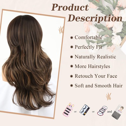 Mayouda Highlight Brown Long Layered Wig With Curtain Bangs For Women Long Straight Wavy Hair Wig Natural Looking Synthetic Heat Resistant Wigs for Daily Party Use (Highlight Brown#, 26Inch)