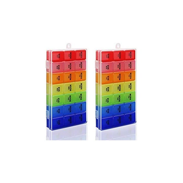 Pill Organizer Box Weekly Case, Medicine Organizer, Vitamin Organizer, Reminder Daily Am PM, Day Night Compartments 7 Days (2 Pack)