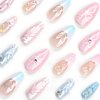 IMSOHOT Press on Nails Medium Almond Fake Nails Pink Blue Cute Glue on Nails with 3D Seashell Wave Texture Designs Full Cover Y2K Glossy Acrylic French False Nails Tips for Women and Girls 24Pcs