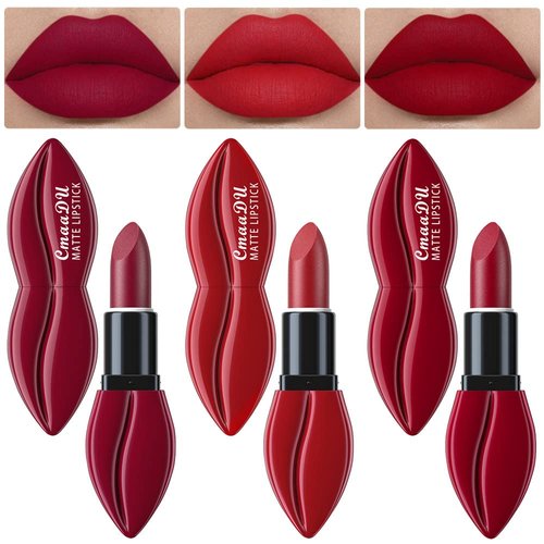evpct 3Pcs Dark Deep Ruby Light Bright Red Matte Velvet Lipstick Set Long Lasting Smudge Proof Lip Stick Packs Matte Lipstick Lip Stain Makeup Set for Women labiales matte larga duracion 24 01#02#10#