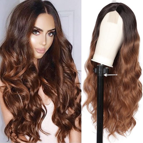 Kalyss 28&quot; Synthetic Edge Lace Front Wigs for Woman Long ombre brown Curly Wavy Middle Parted Wig...