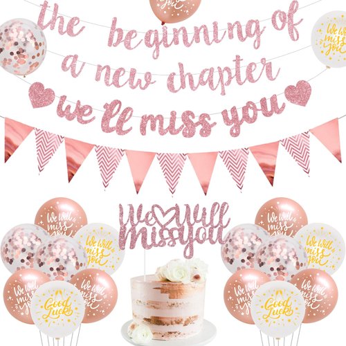 Farewell Party Decorations The Beginning of A New Chapter Going Away We Will Miss You Theme Balloons Banner, Rose Gold Retirement Graduation Party Supplies for Women Girls
