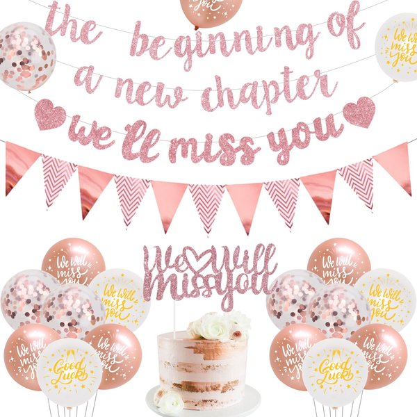 Farewell Party Decorations The Beginning of A New Chapter Going Away We Will Miss You Theme Balloons Banner, Rose Gold Retirement Graduation Party Supplies for Women Girls