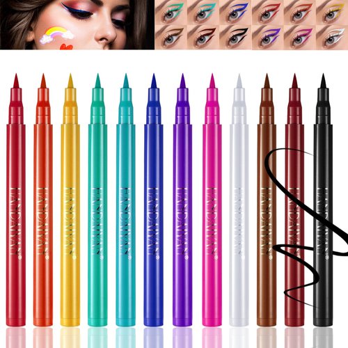 lisade 12 Colors Matte Liquid Eyeliner Set Rainbow Colorful Eyeliner Pencil Matte Long-lasting Waterproof Non-staining Color Even Silky Liquid Eyeliner, Halloween Christmas Makeup Gift Kit for Women