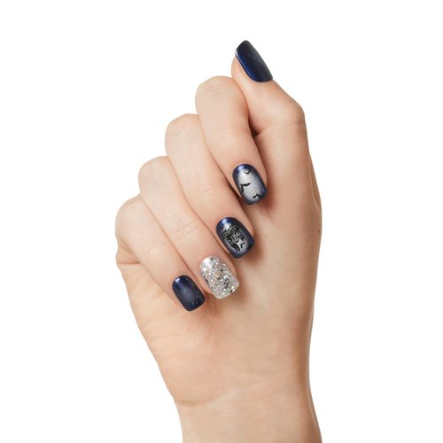 KISS imPRESS Press-On Manicure Halloween, Blue, Short Length, Square Shape, PureFit Technology, Chip Proof, Smudge Proof, Waterproof, Prep Pad, Mini Nail File, Manicure Stick & 30 Fake Nails