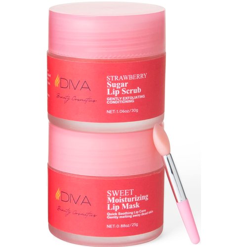 DIVA's Sweet Dream Strawberry Sugar Lip Scrub and Sweet Moisturizing Lip Mask With a Lip Brush, 2 in 1 Organic Lip Care Moisturizer, Exfoliating Fruit Vegan, Repairs, Rejuvenates and Nourishes Cracked Lips, Chapped Lips, Lip Wrinkles, Dead & Dry Skin, Moi
