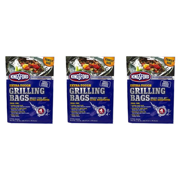 Kingsford Grilling Extra Tough Aluminum Grill Bags, For Locking in Flavors & Easy Grill Clean Up, Recyclable & Disposable, 15.5" x 10", Pack of 4, Silver (Тhrее Pаck)