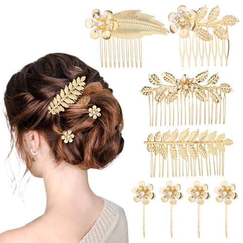 Hair Combs for Women Accessories, 8 Pcs Leaf Hair Side Combs Gold Rhinestone Hair Comb Clips Gold Hair Accessories for Women Wedding Hair Combs for Women Decorative Flower Hair Clips for Women Bride