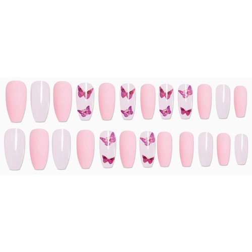 Aimimier 24Pcs Ballerina False Nails with Design Pink Butterfly Coffin Nails with Gluetabs Gradient Fingernails for Women and Girls (Style 3)