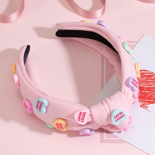 Valentine's Day Heart Candy Embellished Pink Headband Conversation Love Heart Charm Knotted Headband Non Slip Wide Top Knot Fashion Hairband Hair Accessories Party Gift for Women (pink)