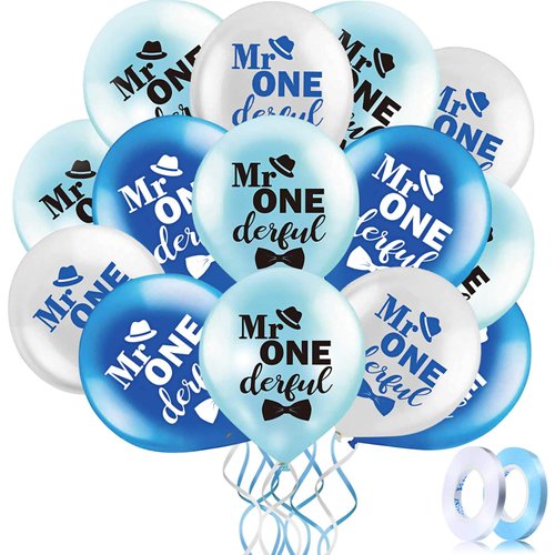 45 Pieces 12 Inch Mr Onederful Boys 1st Birthday Party Balloons, Blue and White Baby 1st Birthday Latex Balloons with 2 Pieces Ribbon Decorations for Mr Onederful Boy First Birthday Supplies, 3 Types