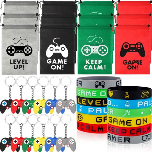 MTLEE 36 Pcs Video Game Party Favors Set Include Gamer Party Favor Bags with Drawstring Silicone Bracelets Wristbands Game Controller Keychains for Christmas Gaming Birthday Party(Cute Style)