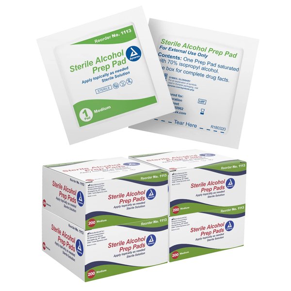 Dynarex Alcohol Prep Pads, Medical-Grade and Non-Woven Prep Pads, Saturated with 70% Isopropyl Alcohol, Rapid-Acting Antiseptic Wipes, 1-Ply, Medium, 4 Boxes of 200 Alcohol Prep Pads