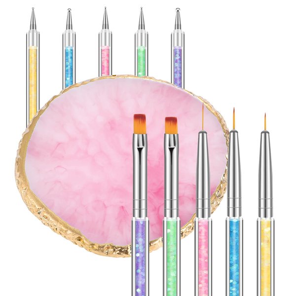 6 Pcs in 1 Set Resin Nail Art Palette with 5 Nail Brushes, Nail Tech Supplies Tools Nail Polish Mixing Palette Double-Ended Dotting Pen for Nail Art