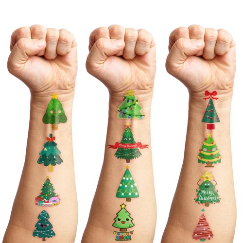 105 PCS Christmas Tree Temporary Tattoos Birthday Party Decorations Supplies Favors Mini Merry Xmas Tree Cute Decor Tattoo Stickers Gifts For Game Boys Girls Classroom School Prizes Reward