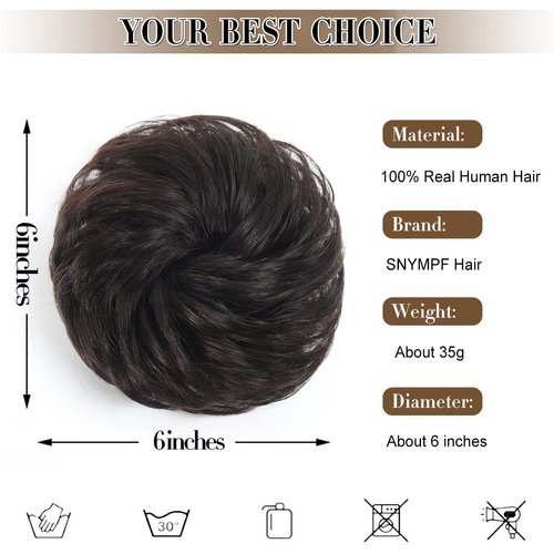 Bun Hair Pieces for Women, 100% Human Hair Messy Bun Hair Pieces Tousled Updo Hair Bun Extensions Wavy Curly Hair Wrap Ponytail Hairpieces Hair Scrunchies for Women Girls (Brown Black)