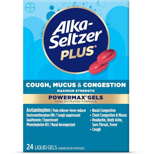 Alka-Seltzer Plus Maximum Strength Cough, Mucus & Congestion Powermax Liquid Gels, Fast and Effective Chest Congestion Relief, Cough Suppressant, For Adults and Children 12 Years and Older 24 Count