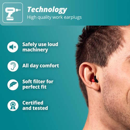 Alpine WorkSafe Construction Earplugs for Adult - Reusable Ear Protection for Work & DIY - Comfortable Hypoallergenic Filter for Noise Reduction - 23dB - with Safety Cord Black