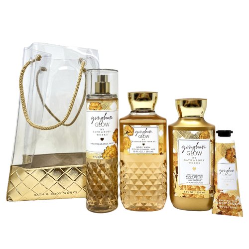 Generic Bath and Body Work GINGHAM GLOW 4 Piece Gift Bag Set - Fragrance Mist - Body Wash - Body Lotion - Hand Cream - Full Size, orange
