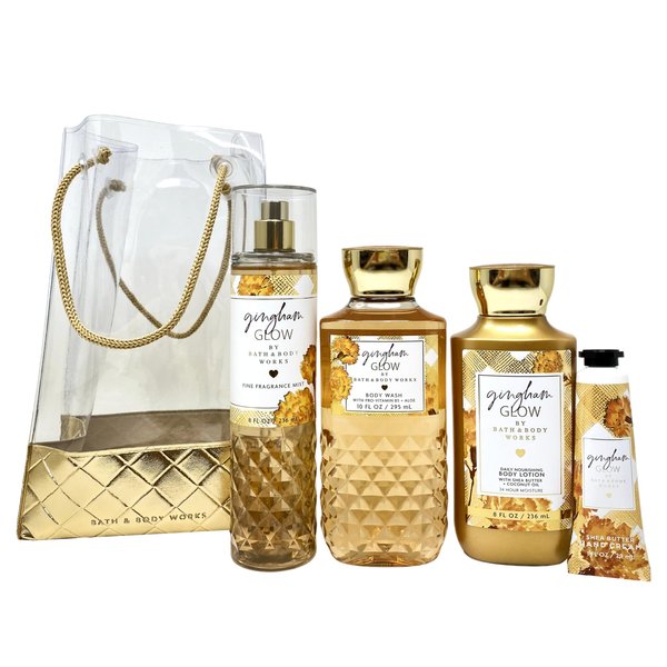 Generic Bath and Body Work GINGHAM GLOW 4 Piece Gift Bag Set - Fragrance Mist - Body Wash - Body Lotion - Hand Cream - Full Size, orange